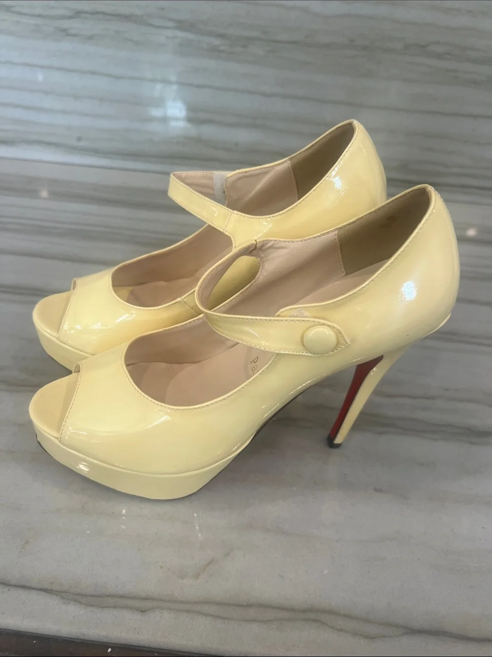 Yellow Patent Mary Jane Peep-Toe Platform Heels